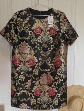 Hermoza Black Brocade Mini Shift Dress Gold Pink Floral Pockets Jacquard Medium